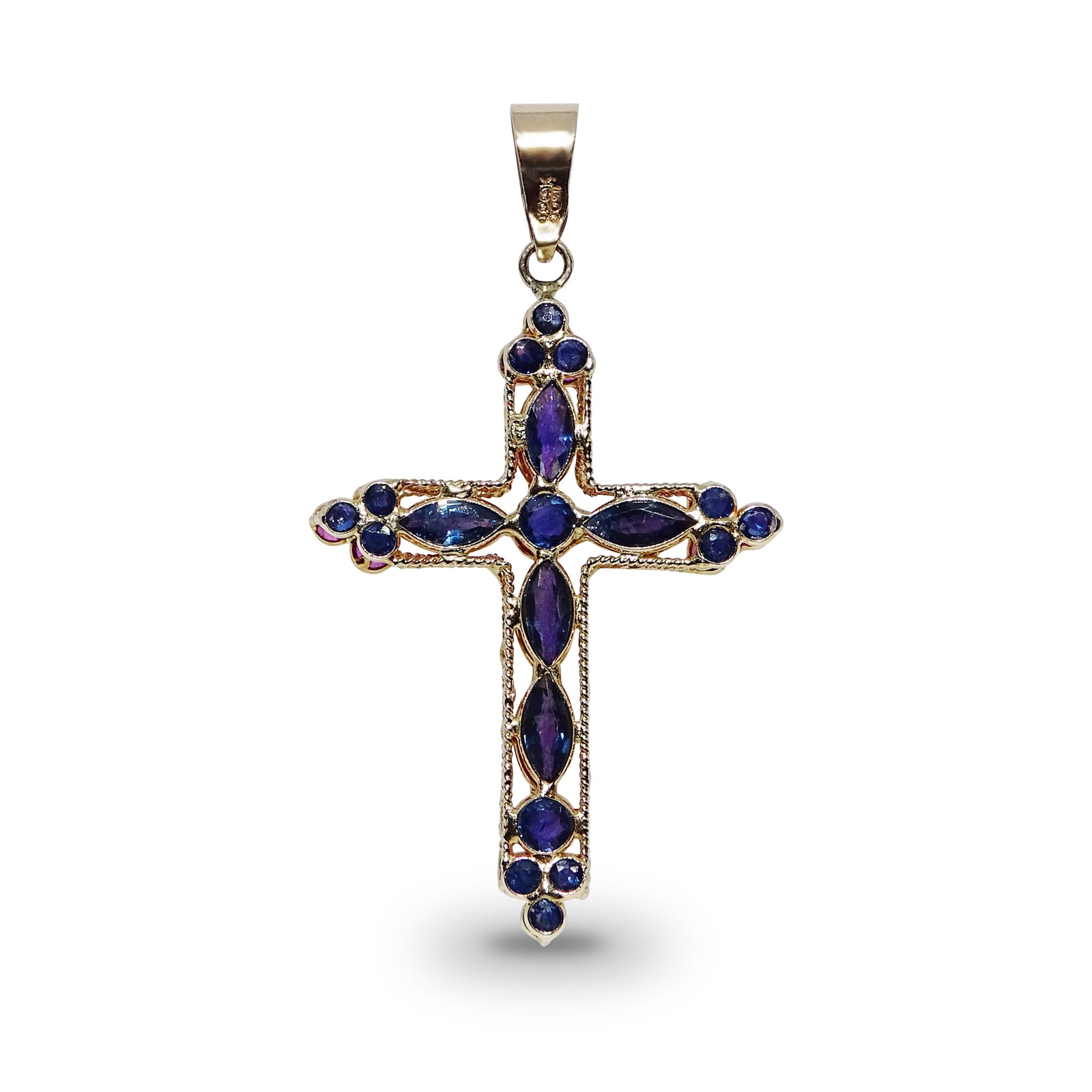 9ct gold double-sided 30mm (exc. bale) ruby & sapphire cross