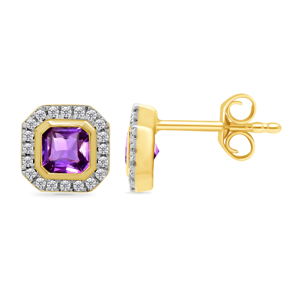 9ct gold 4mm square amethyst &amp; diamond cluster stud earrings 0.13ct