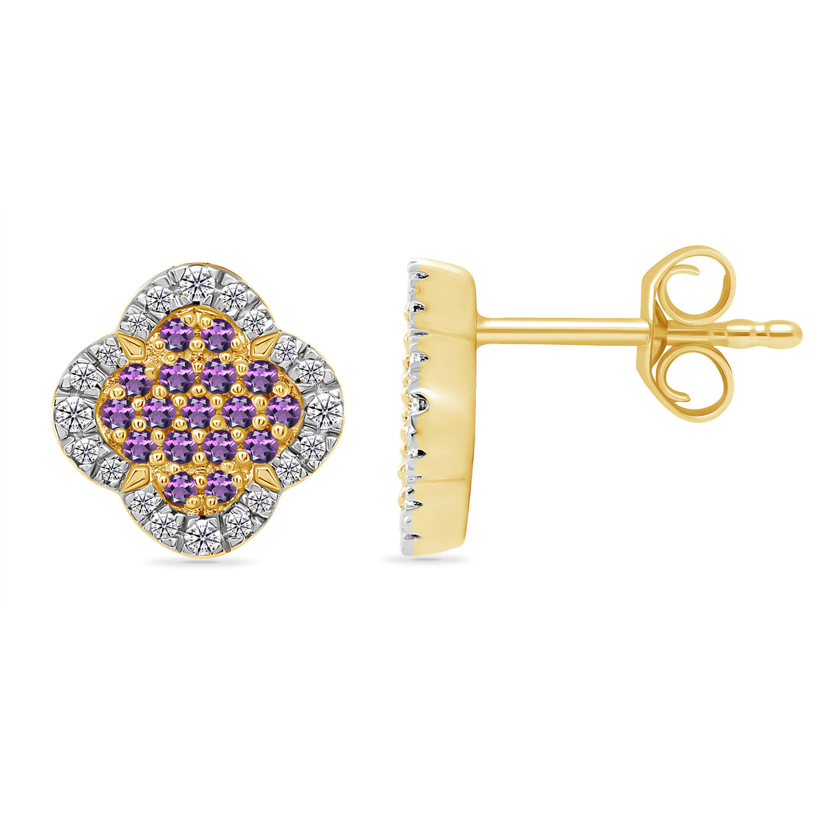 9ct gold clover shape amethyst &amp; diamond cluster stud earrings 0.15ct