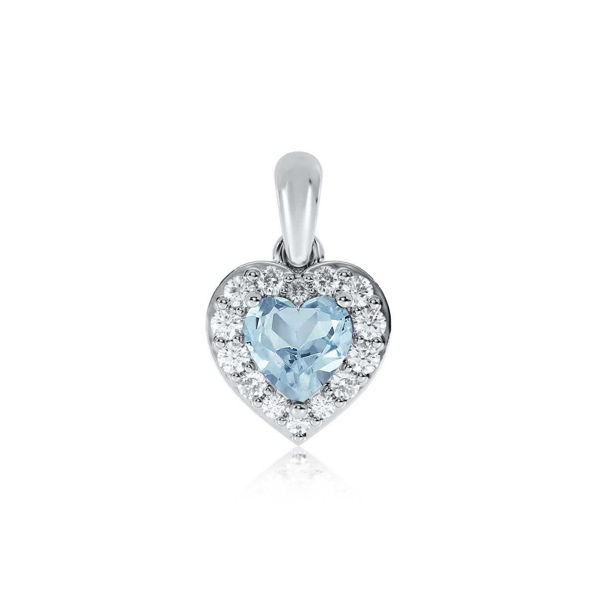 9ct white gold 5mm heart shape aquamarine &amp; diamond cluster pendant 0.13ct
