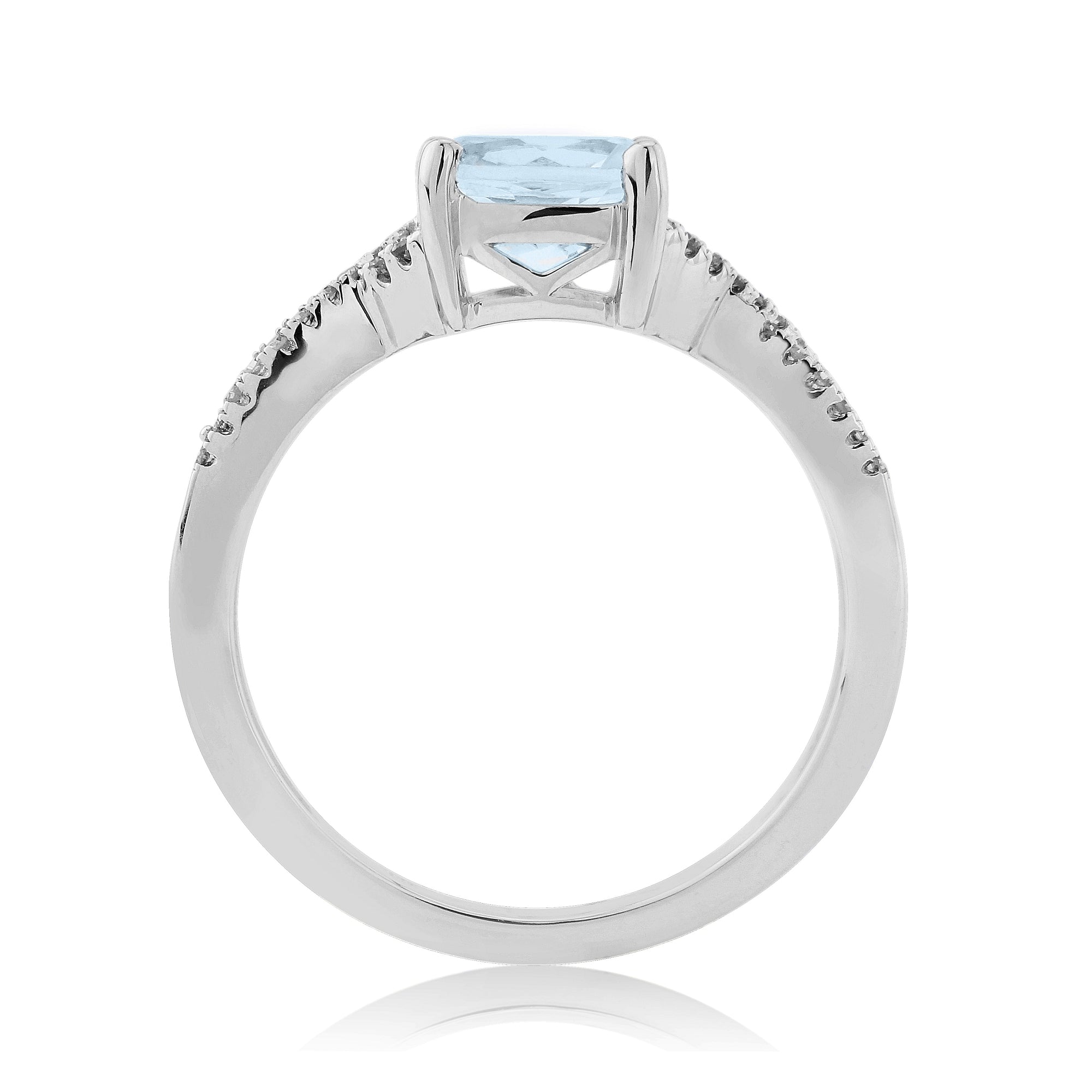 9ct white gold 7mm cushion shape aquamarine & diamond set crossover shank ring 0.11ct