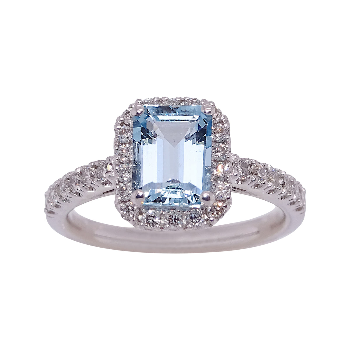18ct white gold 1.48ct octagonal cut aquamarine ( 8.09*6.10*4.04mm) &amp; diamond cluster ring with diamond shoulders 0.50ct Size O
