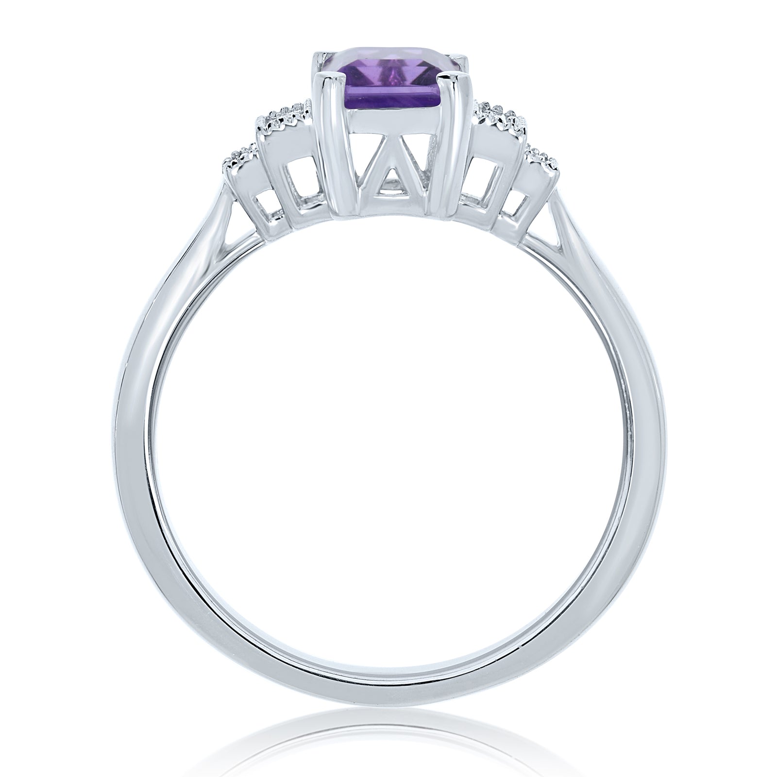 9ct white gold 7x5mm octagon cut amethyst & stepped diamond shoulders ring 0.11ct