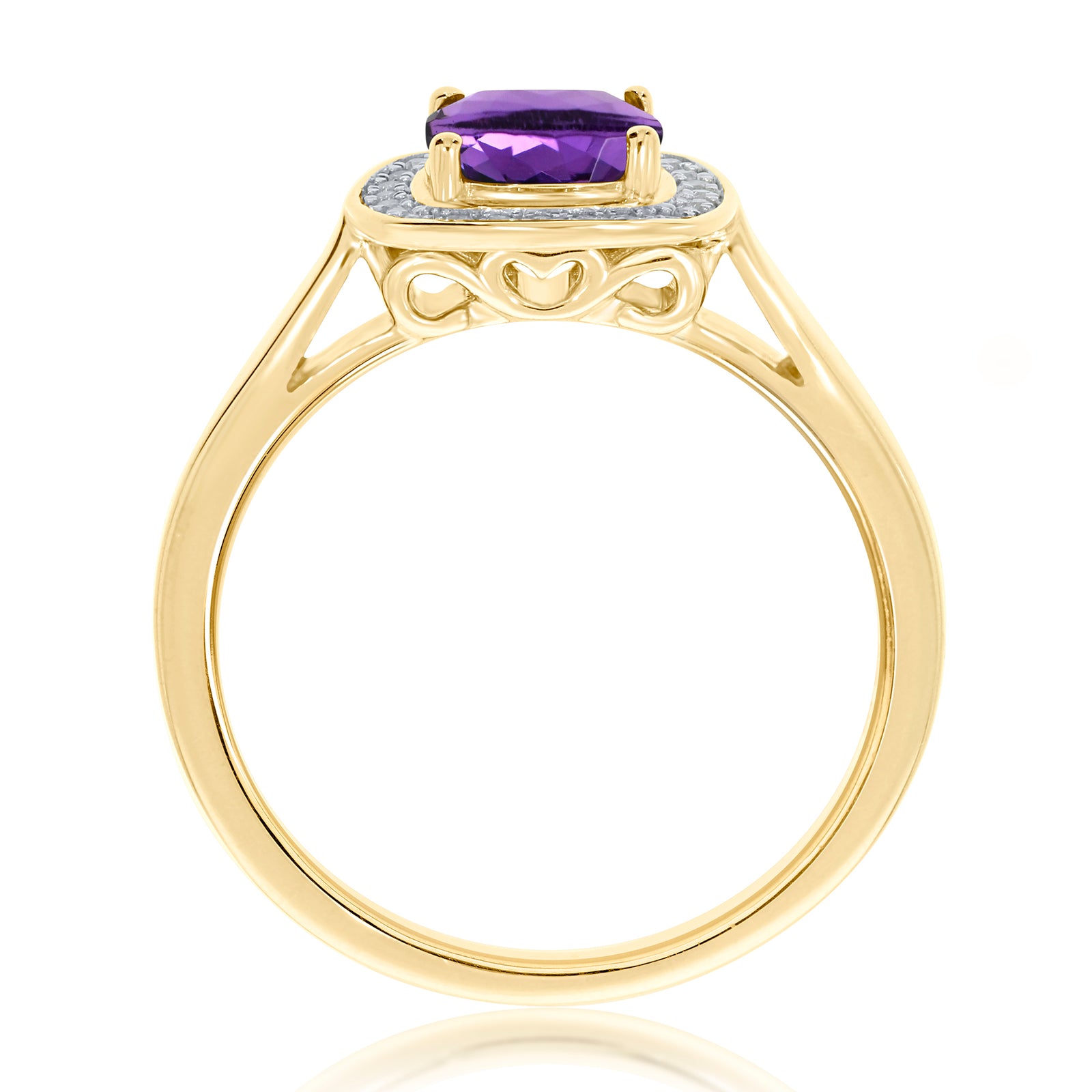 9xt gold checkerboard cut 6mm cushion shape amethyst & diamond cluster ring 0.10ct