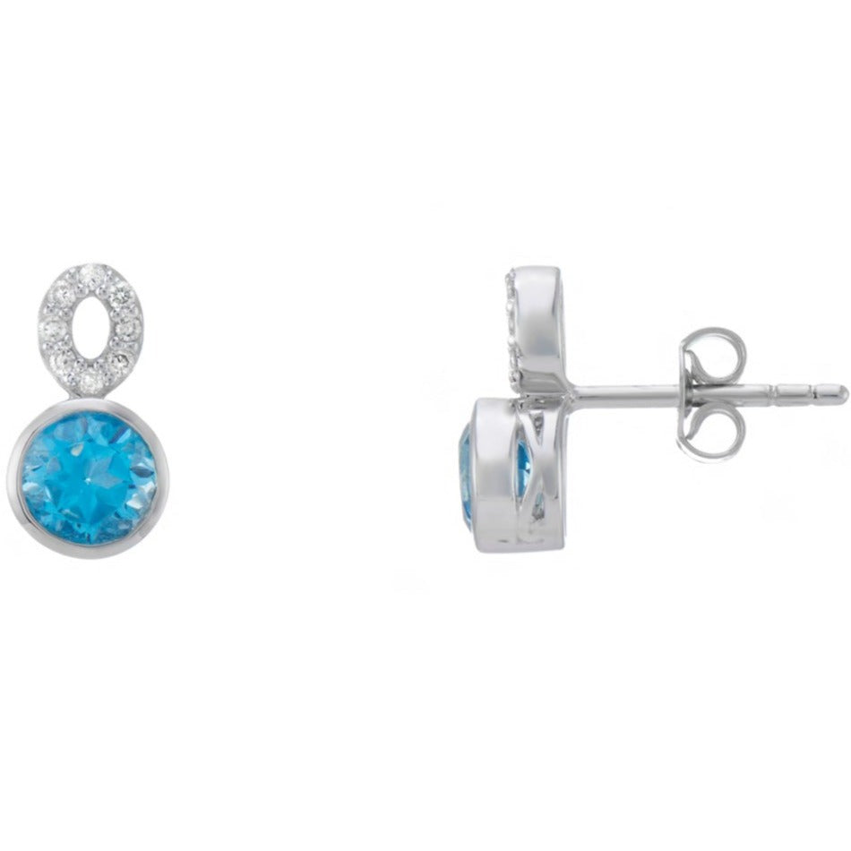 9ct white gold 5mm round blue topaz &amp; diamond stud earrings 0.09ct