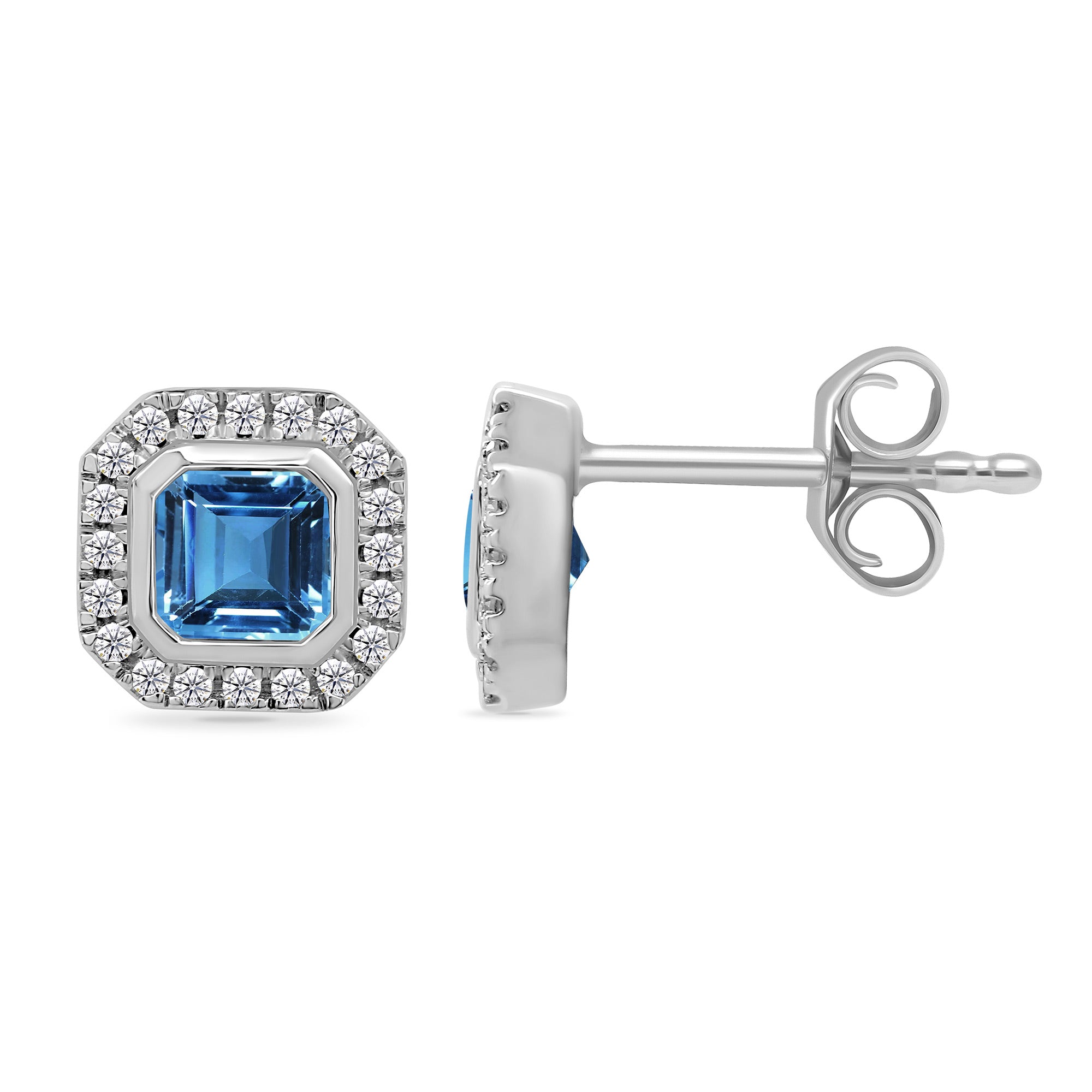 9ct white gold 4mm square blue topaz & diamond cluster stud earrings 0.13ct