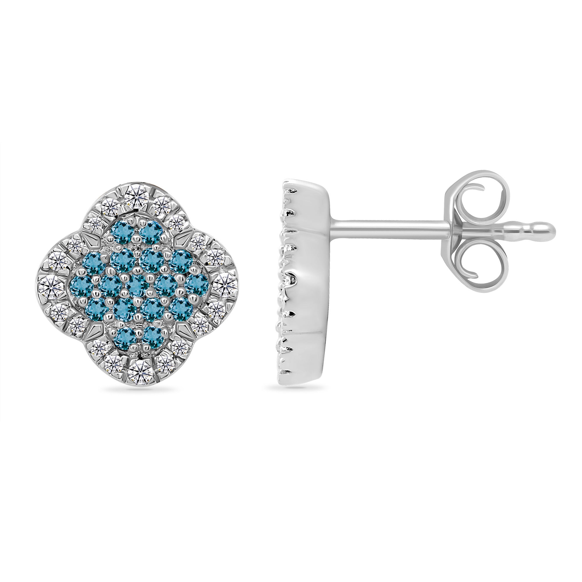 9ct white gold clover shape blue topaz & diamond cluster stud earrings 0.15ct