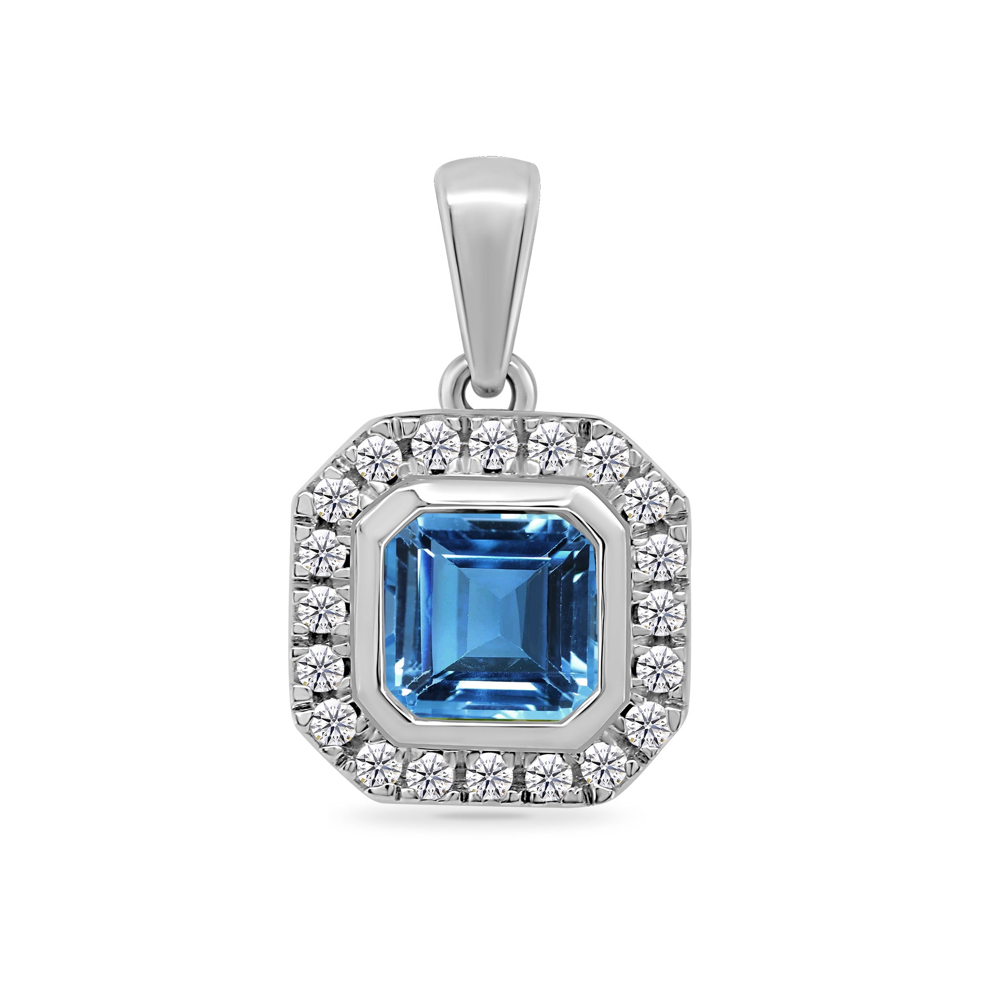 9ct white gold 5mm square blue topaz & diamond cluster pendant 0.10ct