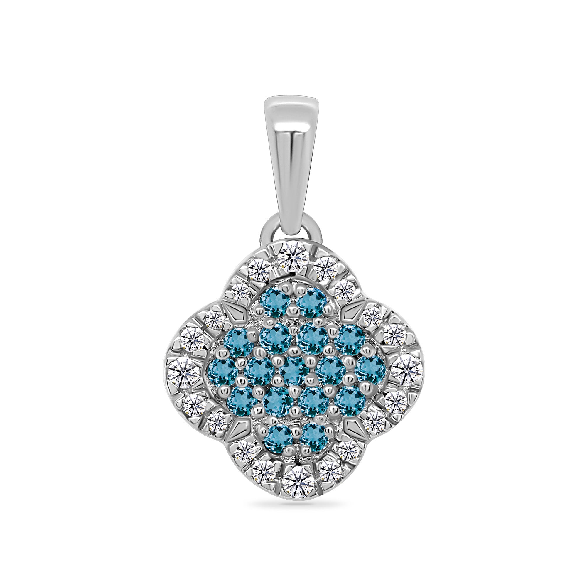 9ct white gold clover shape blue topaz & diamond pendant 0.11ct