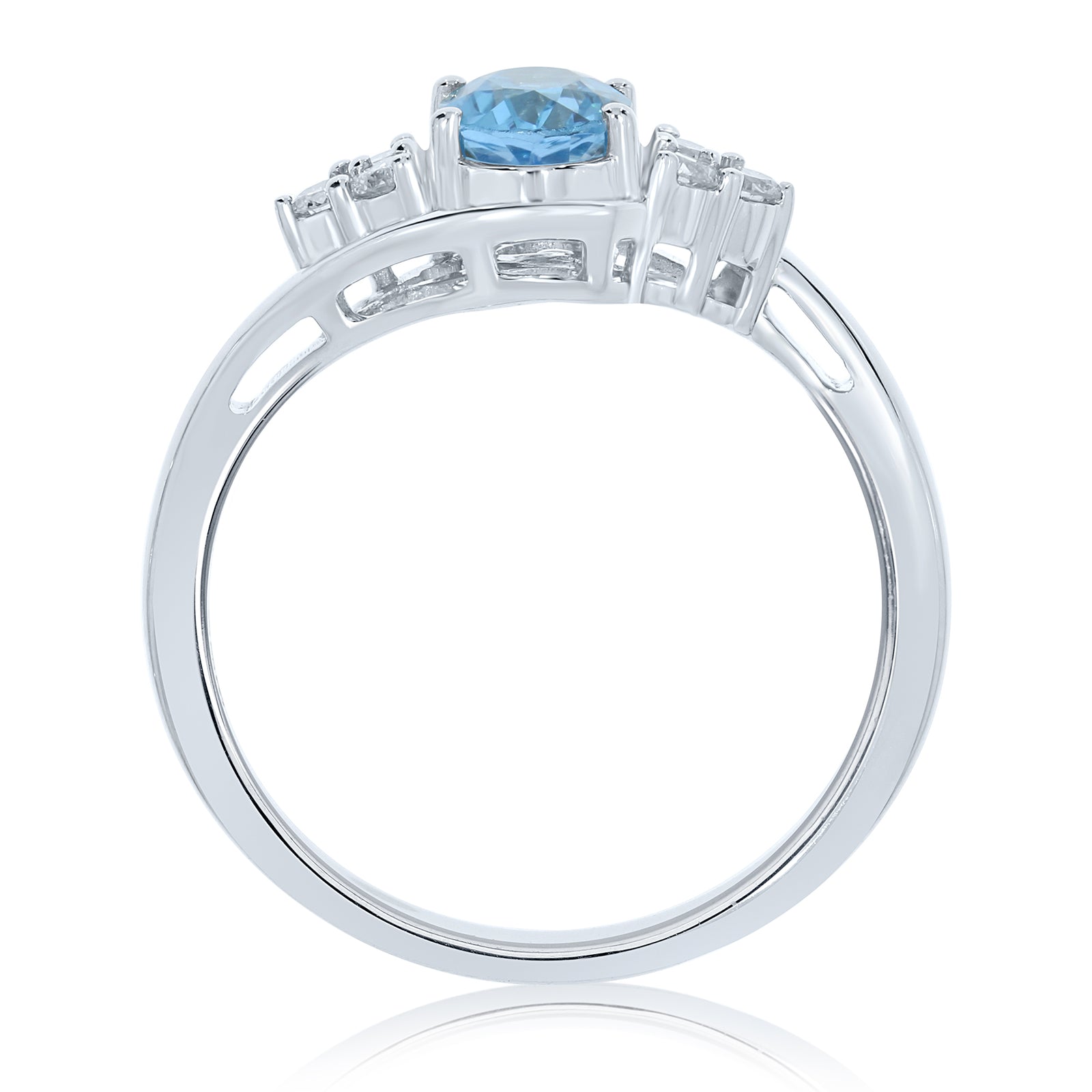9ct white gold 7x5mm oval blue topaz & triple diamond shoulders cross-over ring 0.15ct