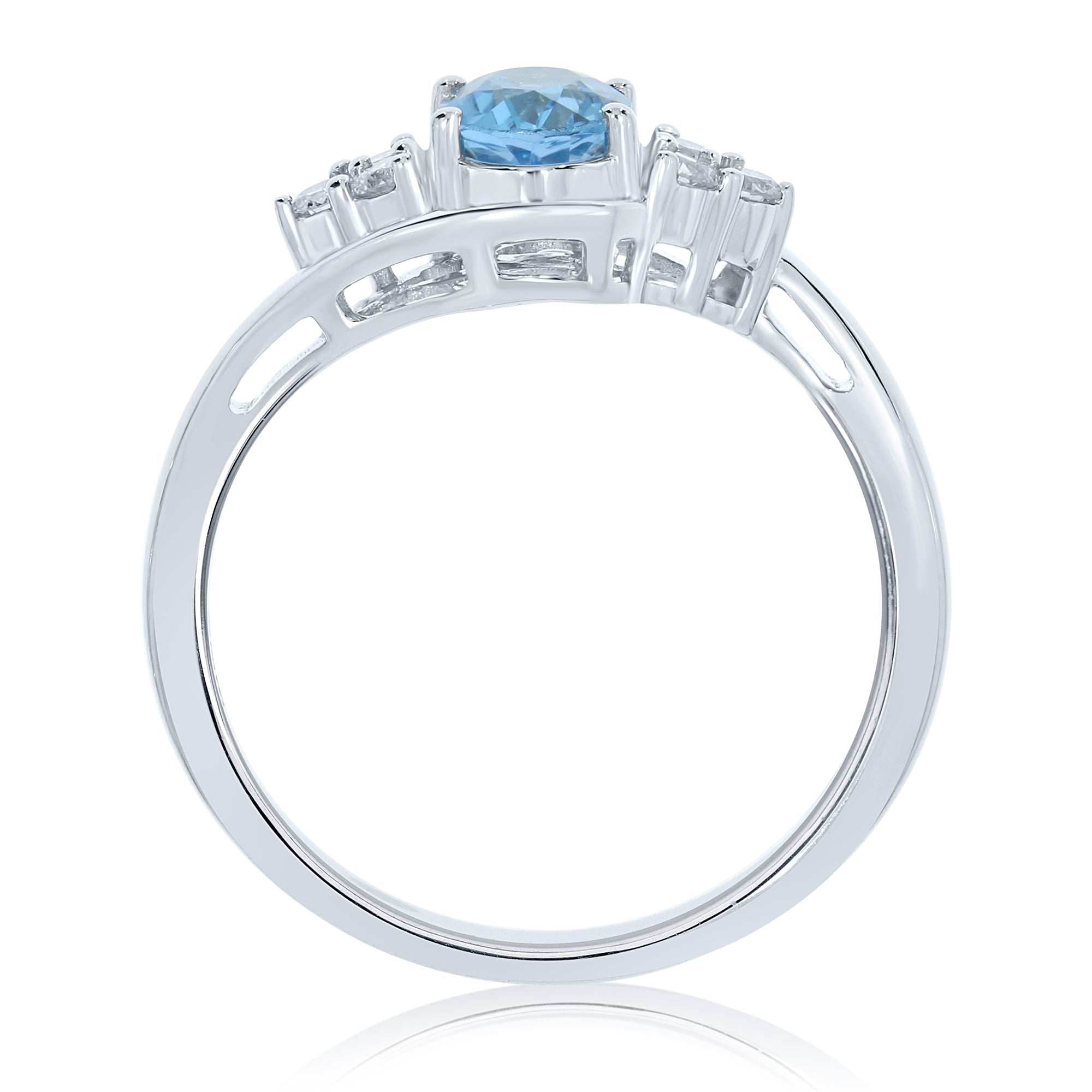 9ct white gold 7x5mm oval blue topaz & triple diamond shoulders cross-over ring 0.15ct