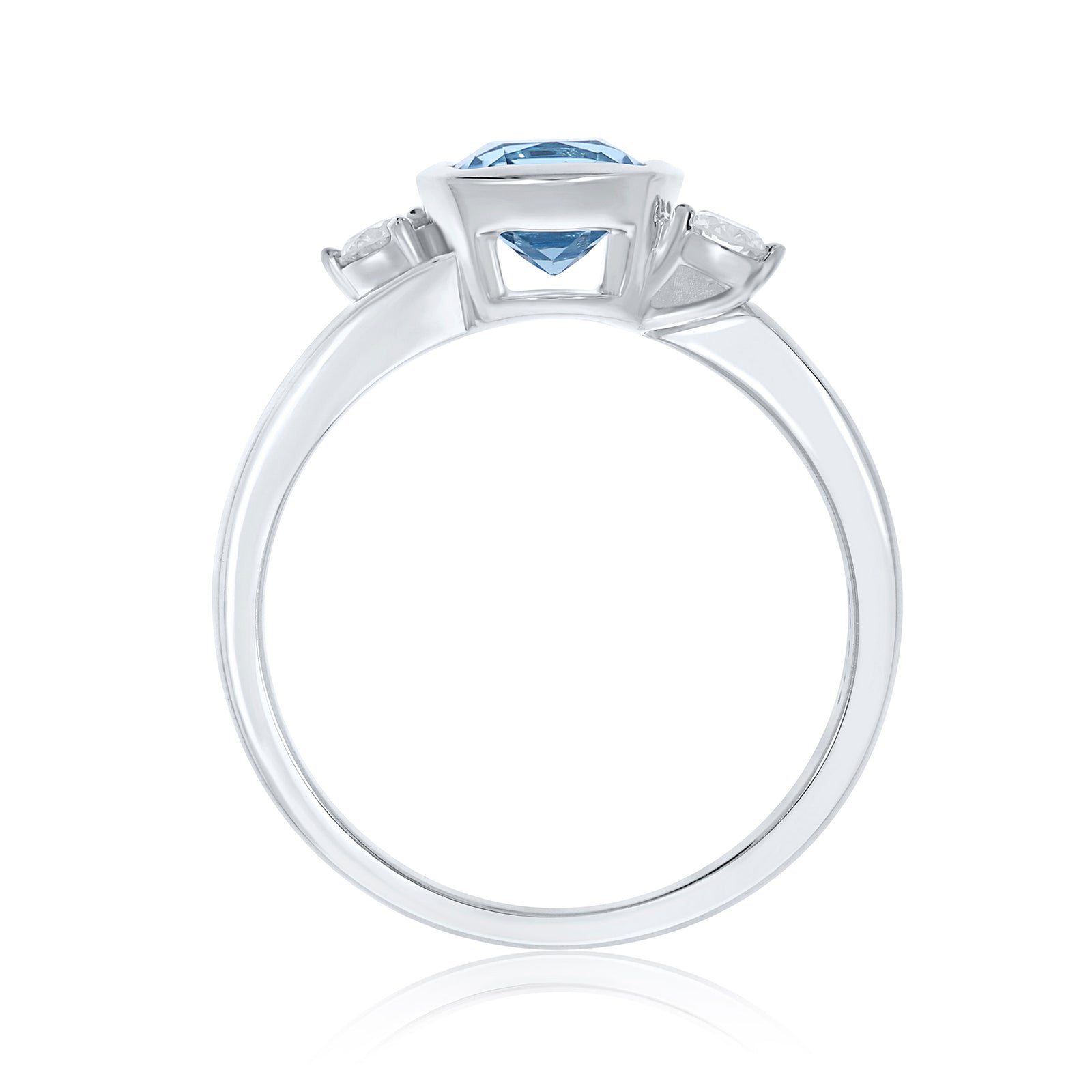 9ct white gold 6mm cushion shape rub over set blue topaz & diamond ring 0.14ct