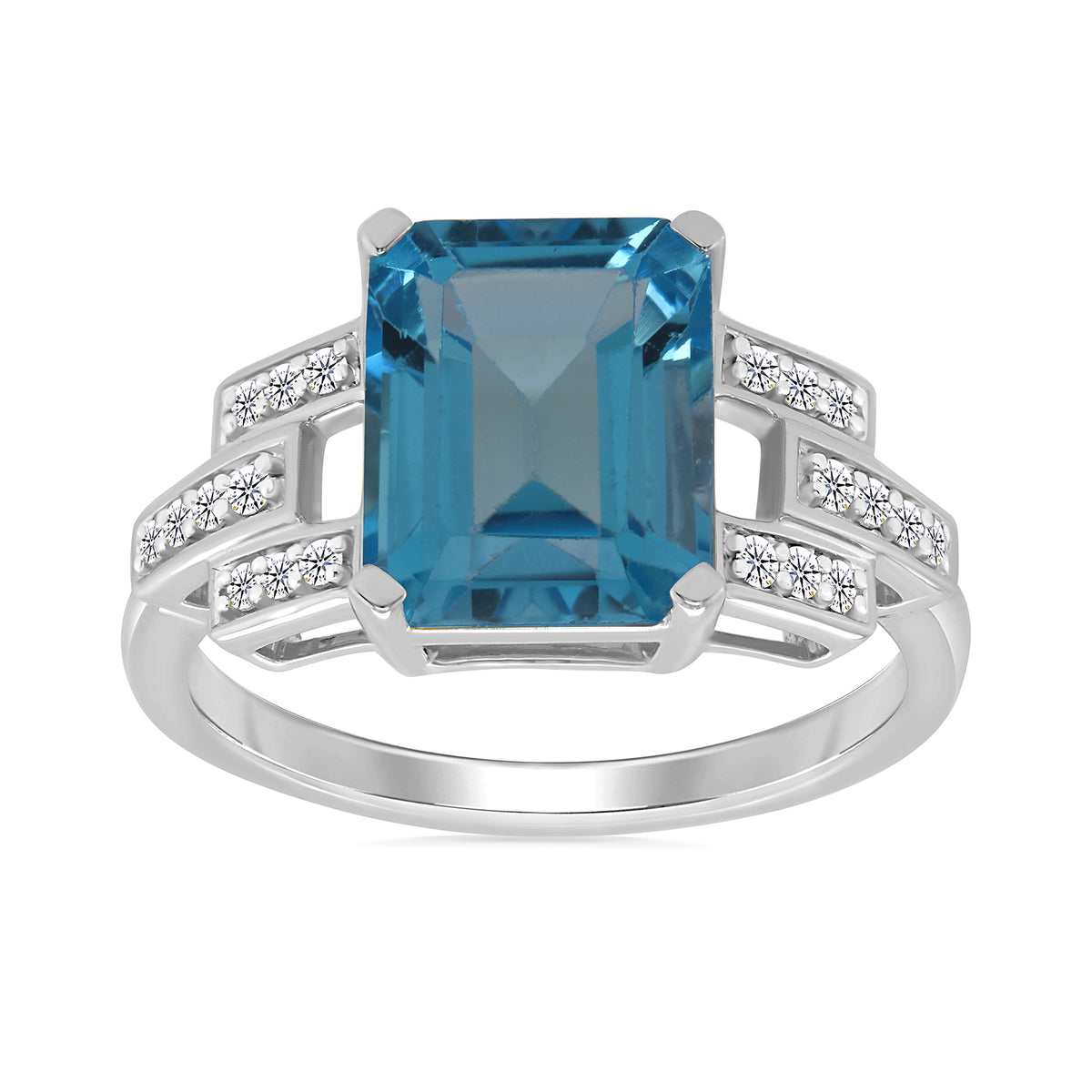 9ct white gold 10x8mm octagon blue topaz &amp; diamond ring 0.11ct
