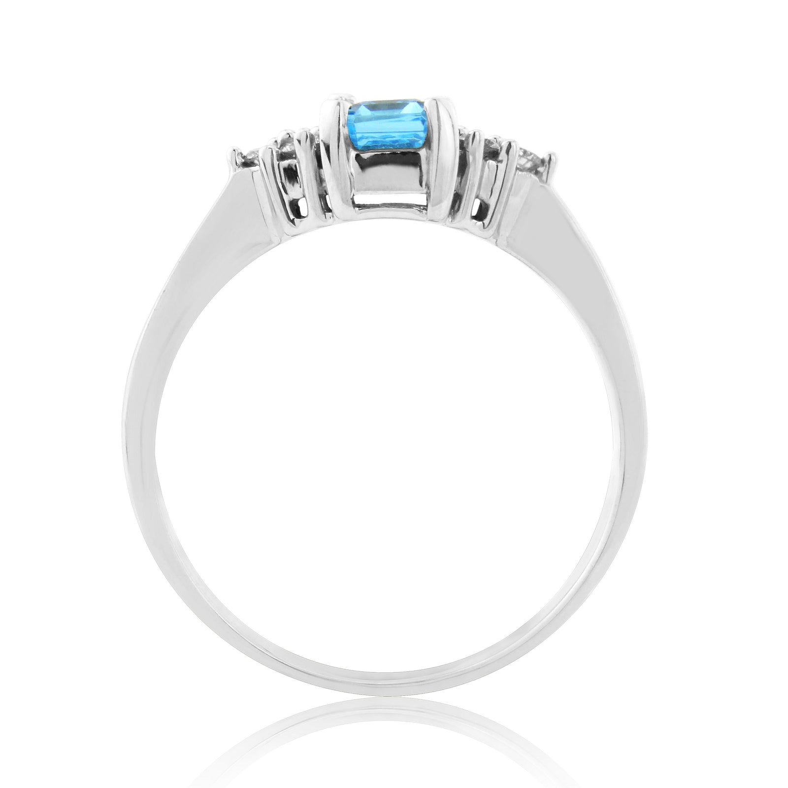 9ct white gold 6x4mm octagon cut blue topaz & triple diamond shoulders ring 0.13ct