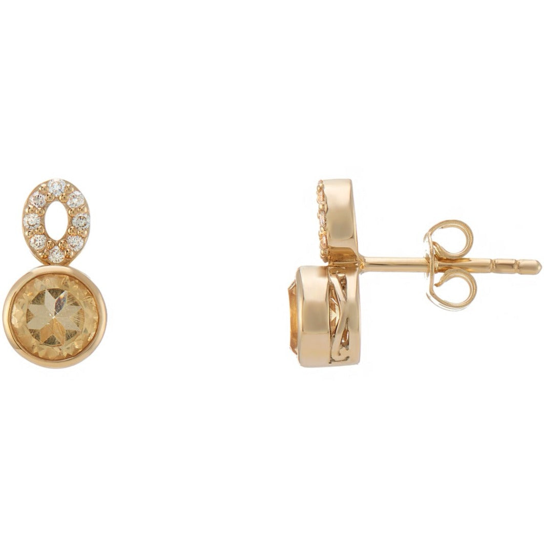 9ct gold 5mm round citrine &amp; diamond stud earrings 0.09ct