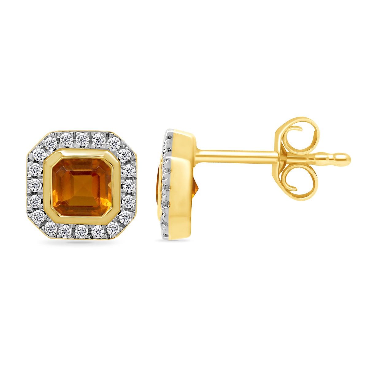 9ct gold 4mm square citrine &amp; diamond cluster stud earrings 0.13ct