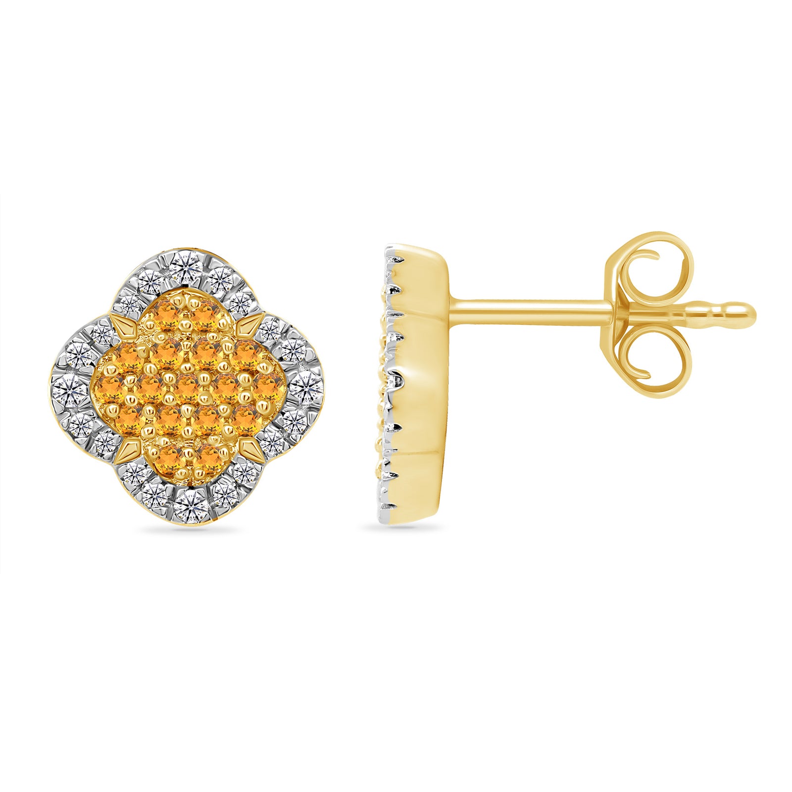 9ct gold clover shape citrine & diamond cluster stud earrings 0.15ct