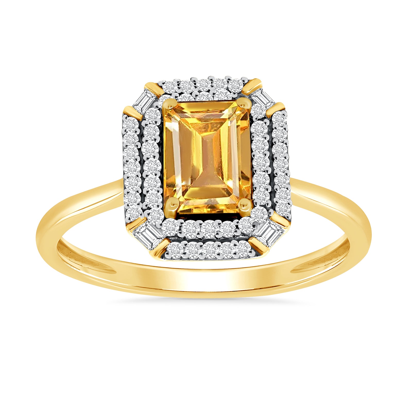 9ct gold 7x5mm octagon citrine & two row diamond cluster ring 0.20ct