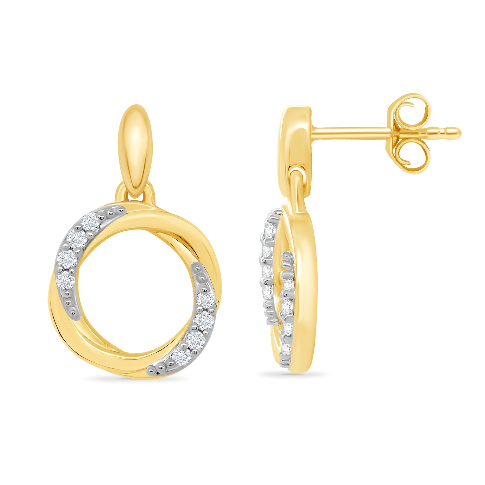 9ct gold twin circle diamond set drop earrings 0.06ct