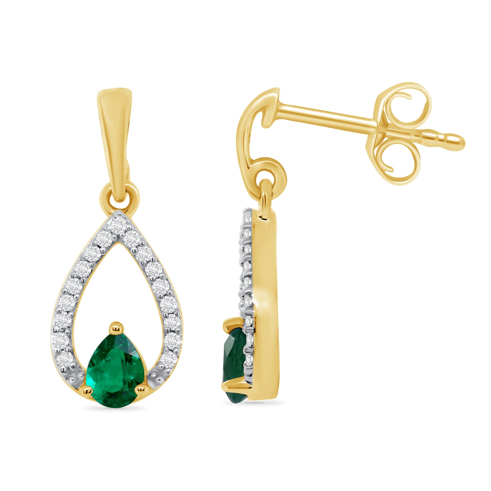 9ct gold 4x3mm pear shape emerald & diamond drop earrings 0.10ct