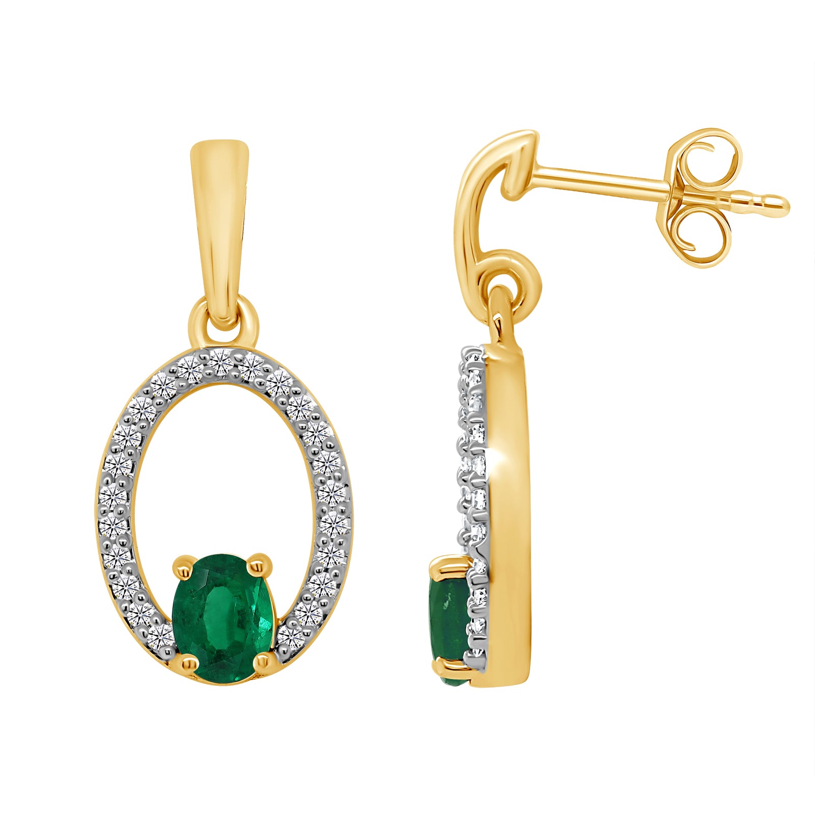 9ct gold 4x3mm oval emerald & diamond drop earrings 0.14ct