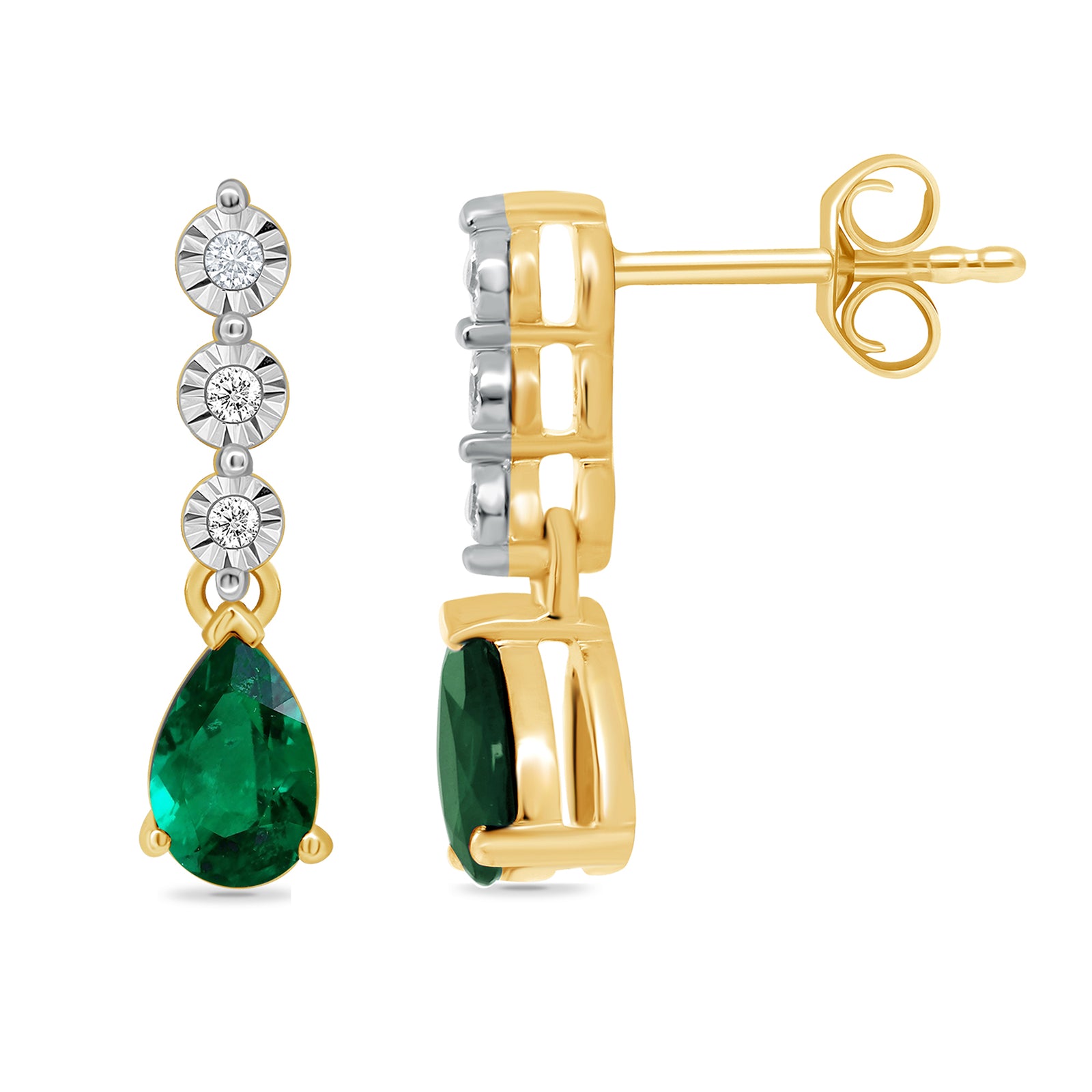 9ct gold 5x4mm pear shape emerald & miracle plate diamond drop earrings 0.02ct