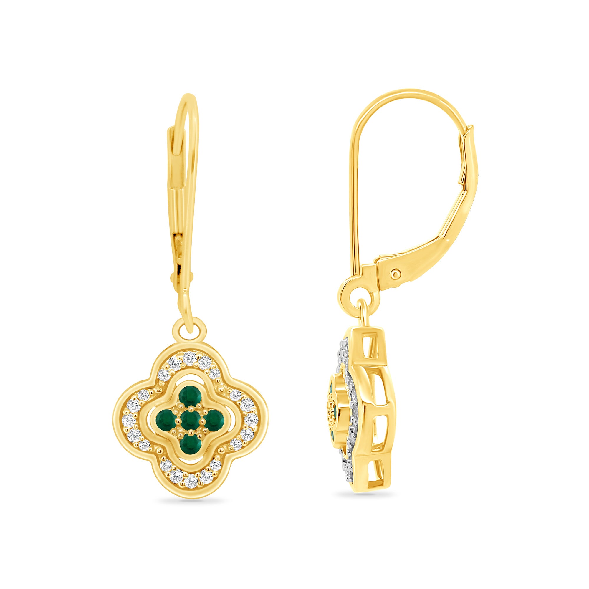 9ct gold emerald & diamond clover shape drop earrings 0.17ct