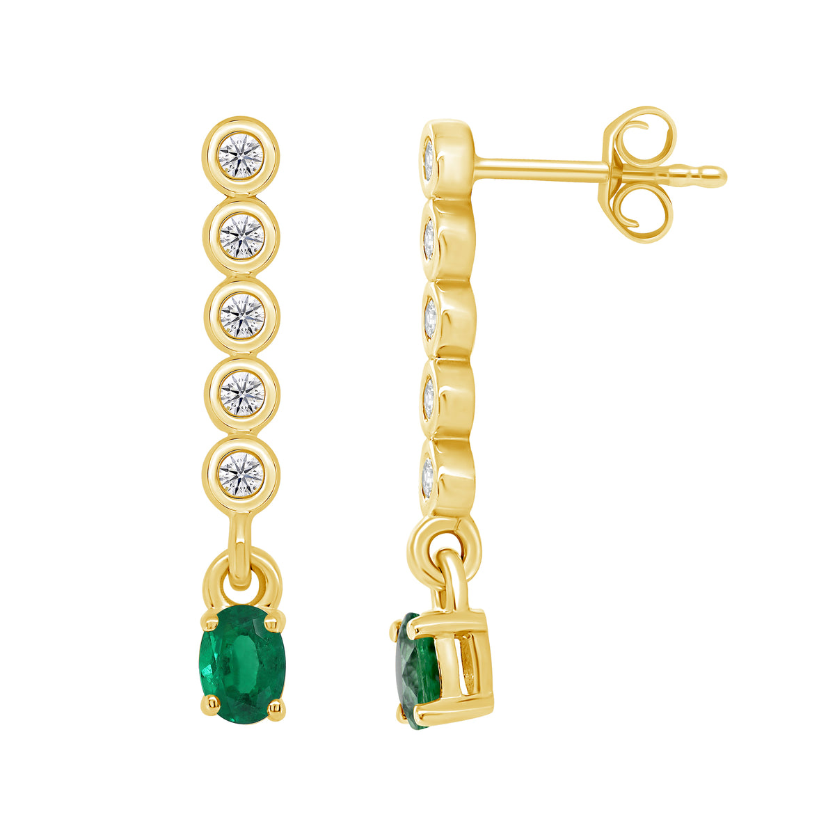 9ct gold 3.5x2.5mm oval emerald &amp; diamond long drop earrings 0.10ct