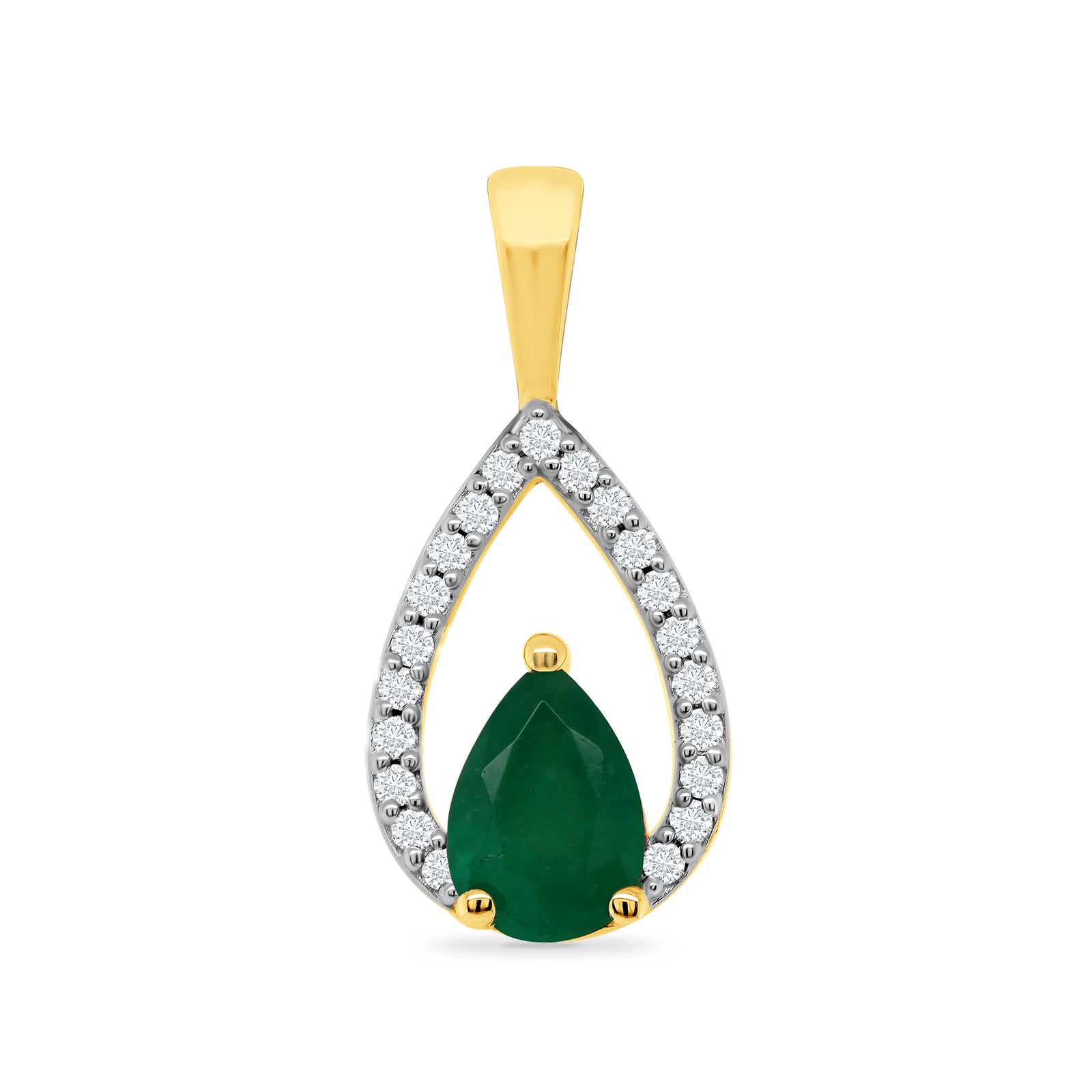 9ct gold 6x4mm pear shape emerald & diamond pendant 0.08ct