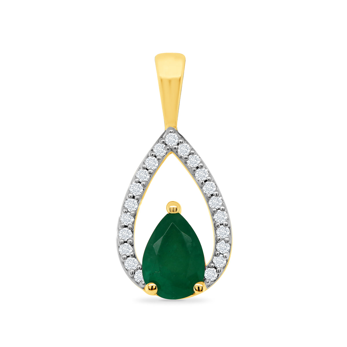 9ct gold 6x4mm pear shape emerald &amp; diamond pendant 0.08ct