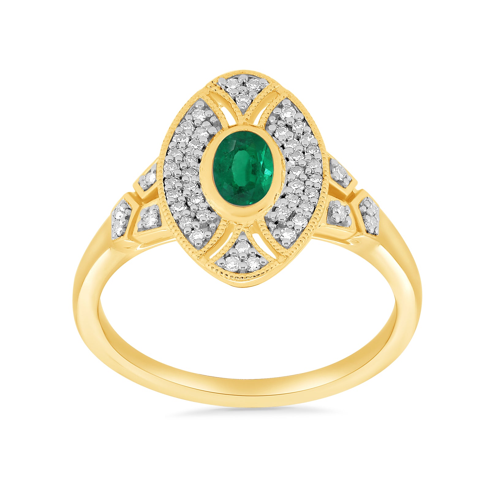 9ct gold 6x4mm oval emerald & diamond antique style cluster ring 0.18ct