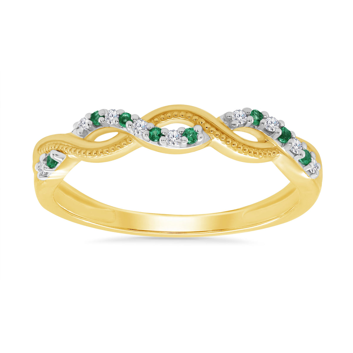 9ct gold emerald &amp; diamond swirl half eternity ring 0.05ct