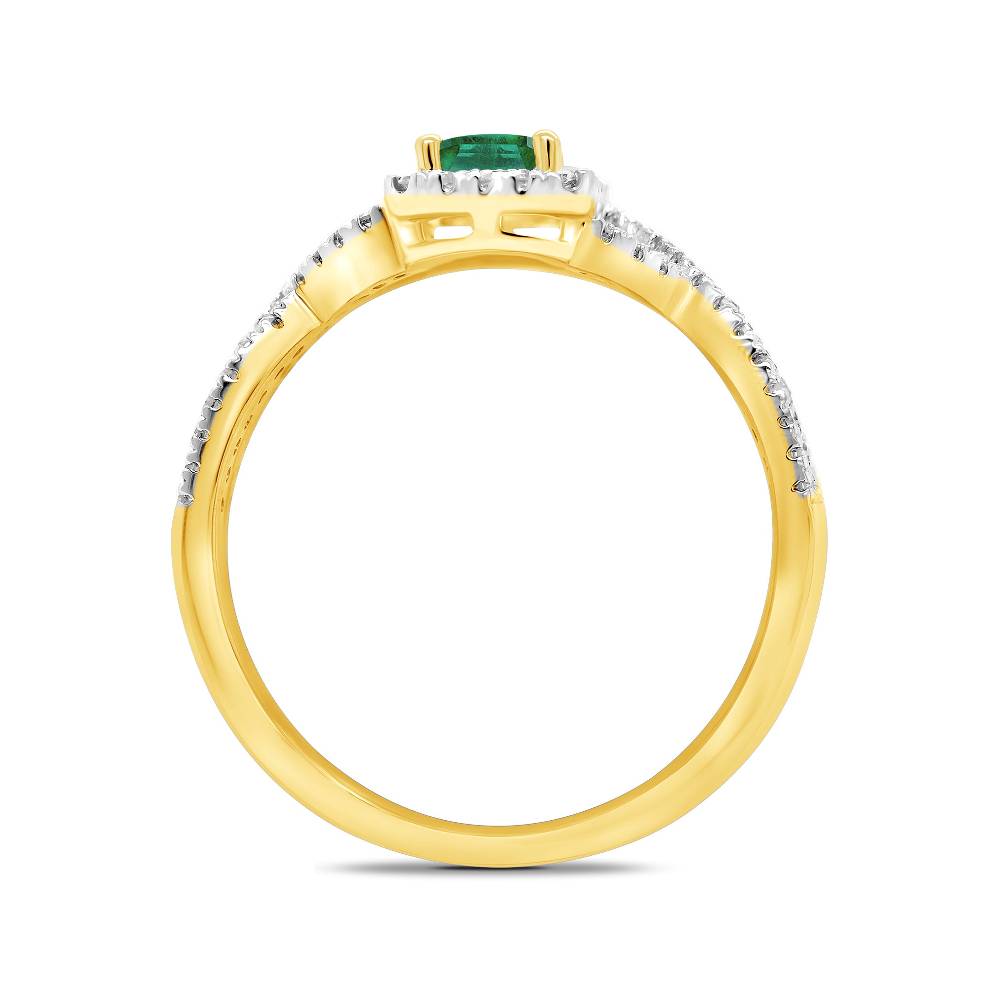 9ct gold 6x4mm octagon cut emerald & diamond cluster ring with diamond set crossover shoulders 0.21ct