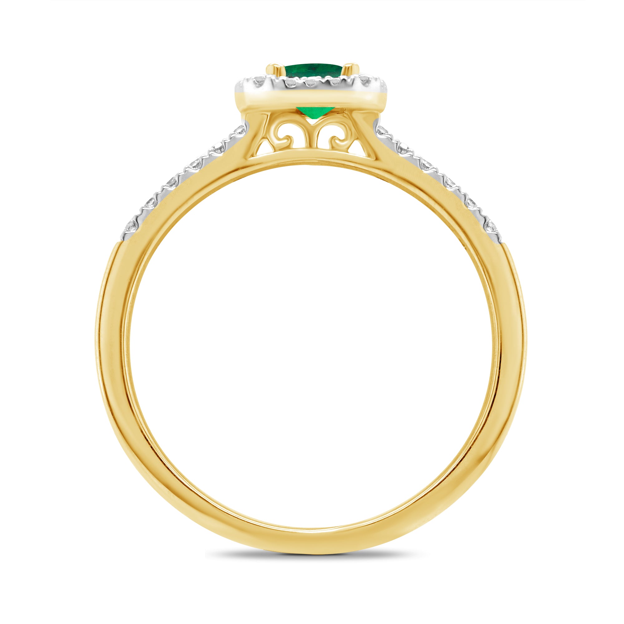 9ct gold 6x4mm octagon cut emerald & diamond cluster ring with diamond set shoulders 0.20ct