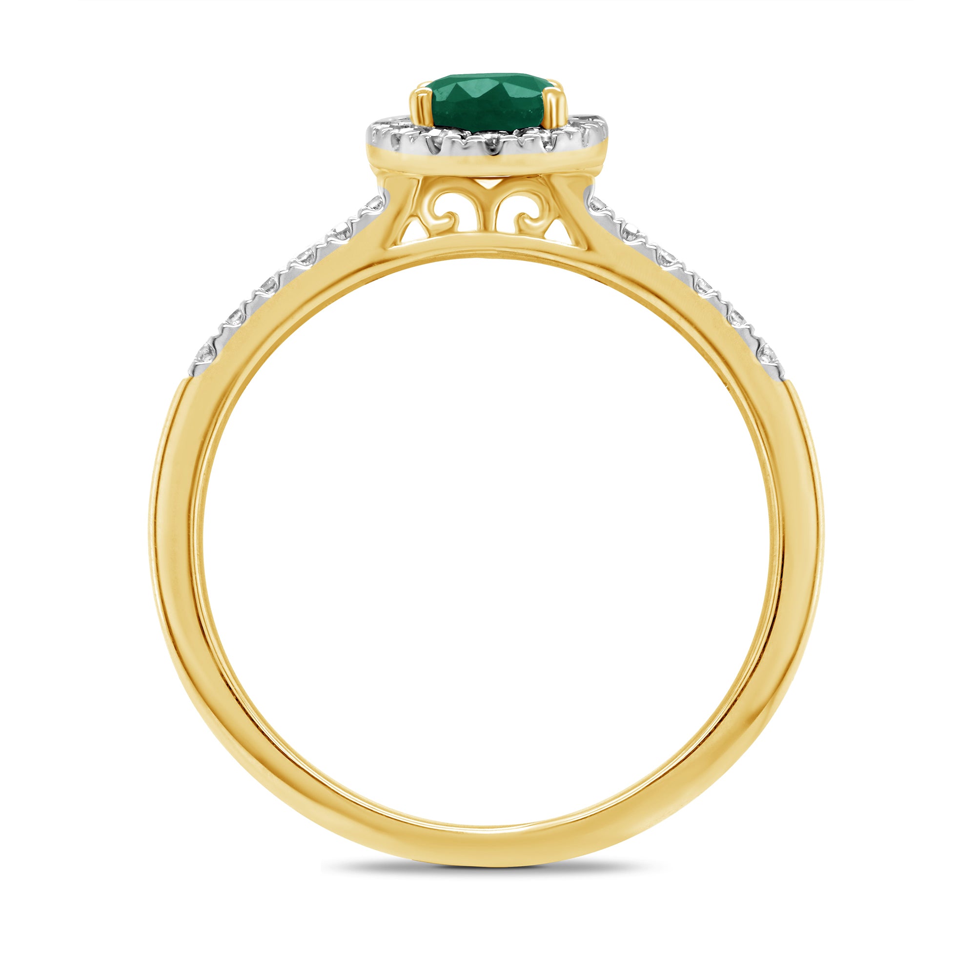 9ct gold 6x4mm oval emerald & diamond cluster ring with diamond set shoulders 0.20ct