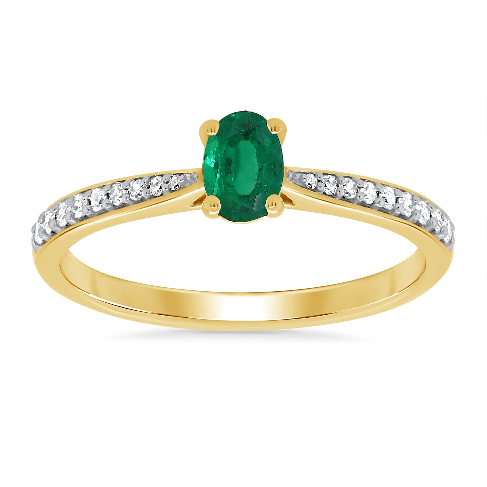 9ct gold 6x4mm oval emerald & diamond set shoulders ring 0.12ct