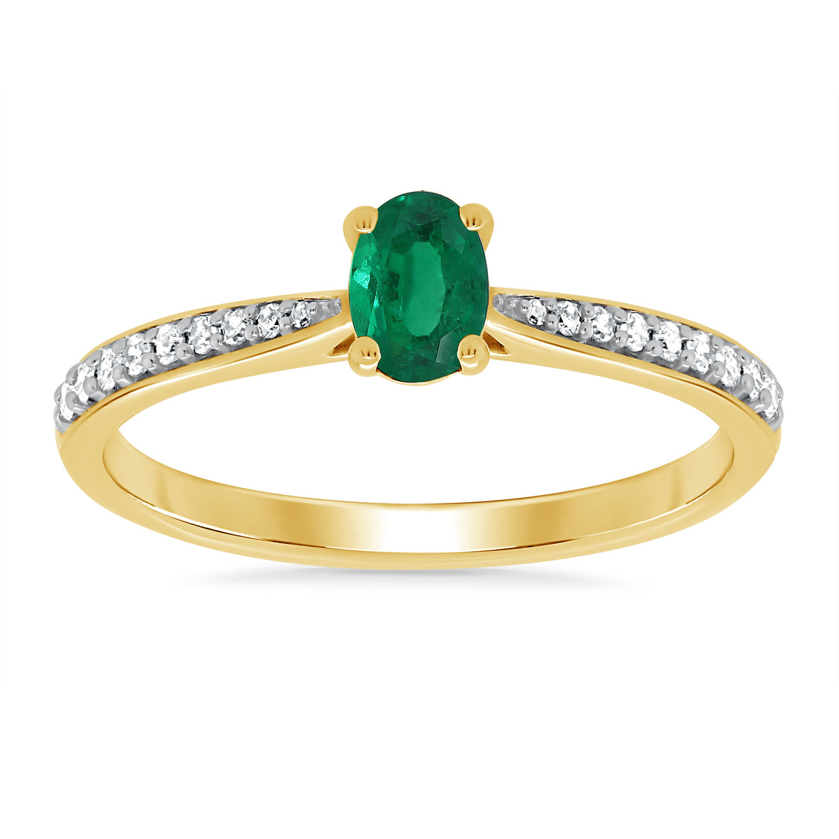 9ct gold 6x4mm oval emerald &amp; diamond set shoulders ring 0.12ct