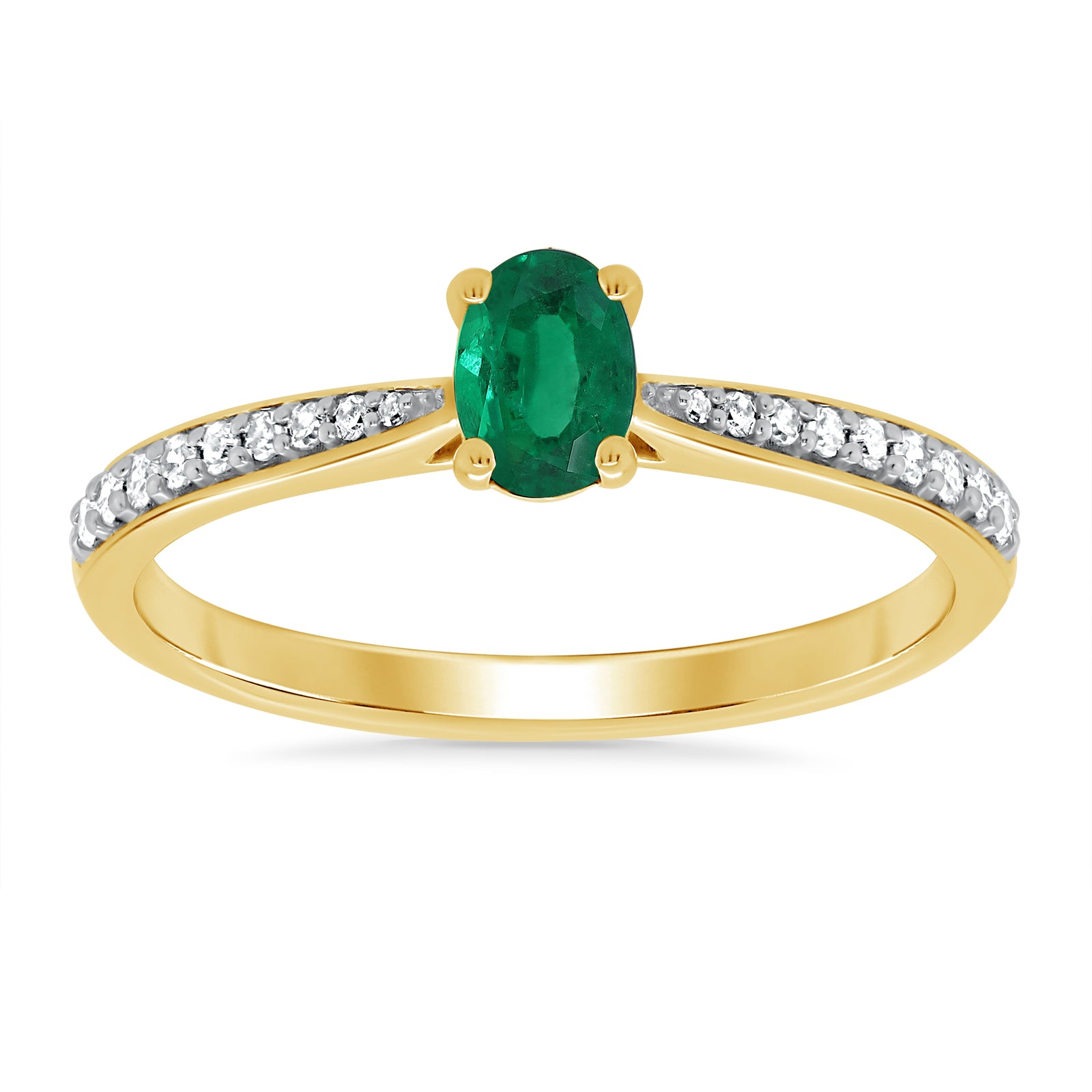 9ct gold 6x4mm oval emerald & diamond set shoulders ring 0.12ct