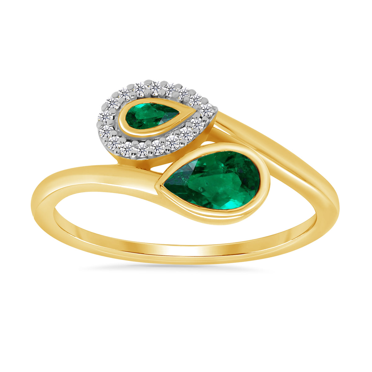 9ct gold 6x4/4x2mm pear shape emerald &amp; diamond x/o ring 0.06ct