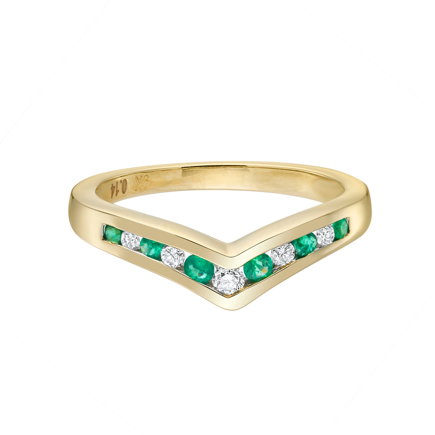 9ct gold emerald & diamond wishbone ring 0.12ct