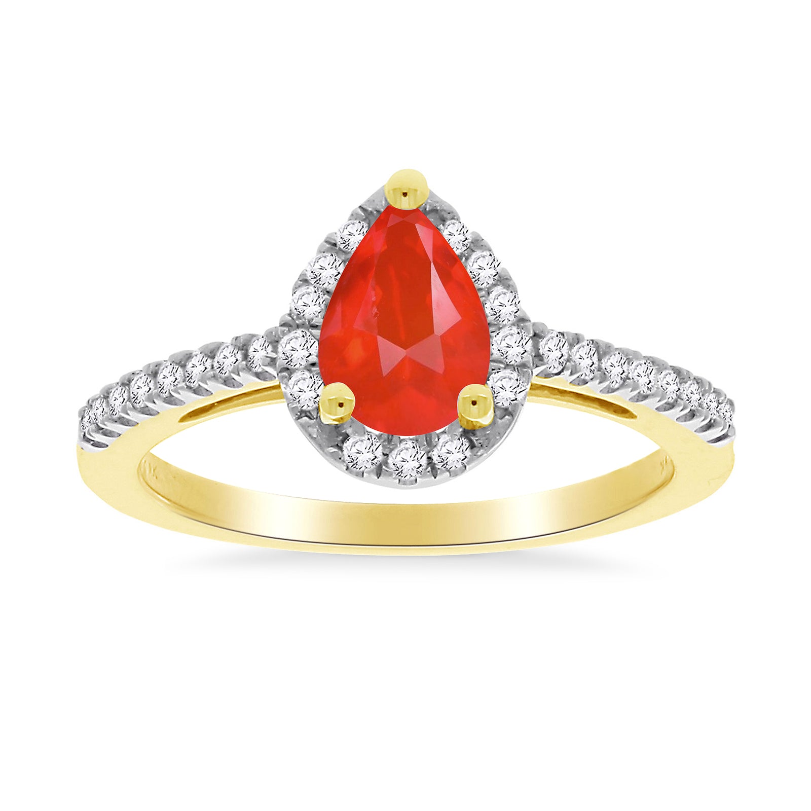 9ct gold 7x5mm pear shape fire opal & diamond cluster ring with diamond set shoulders 0.19ct