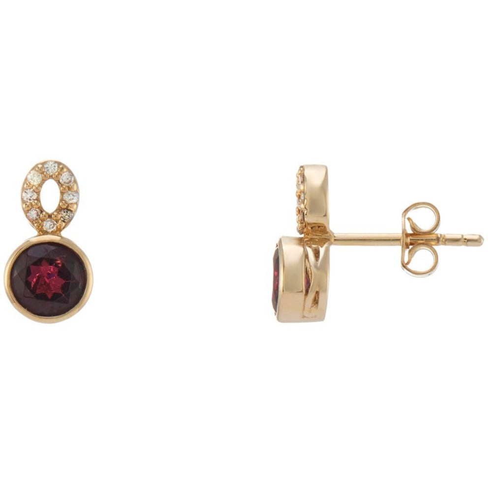 9ct gold 5mm round garnet & diamond set stud earrings 0.09ct