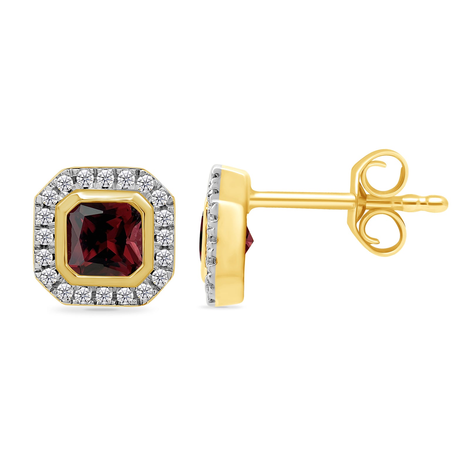 9ct gold 4mm square garnet & diamond set cluster stud earrings 0.13ct