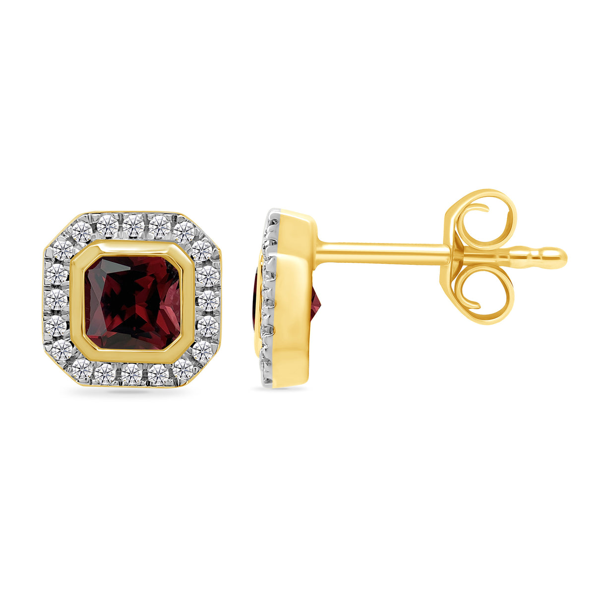 9ct gold 4mm square garnet &amp; diamond set cluster stud earrings 0.13ct
