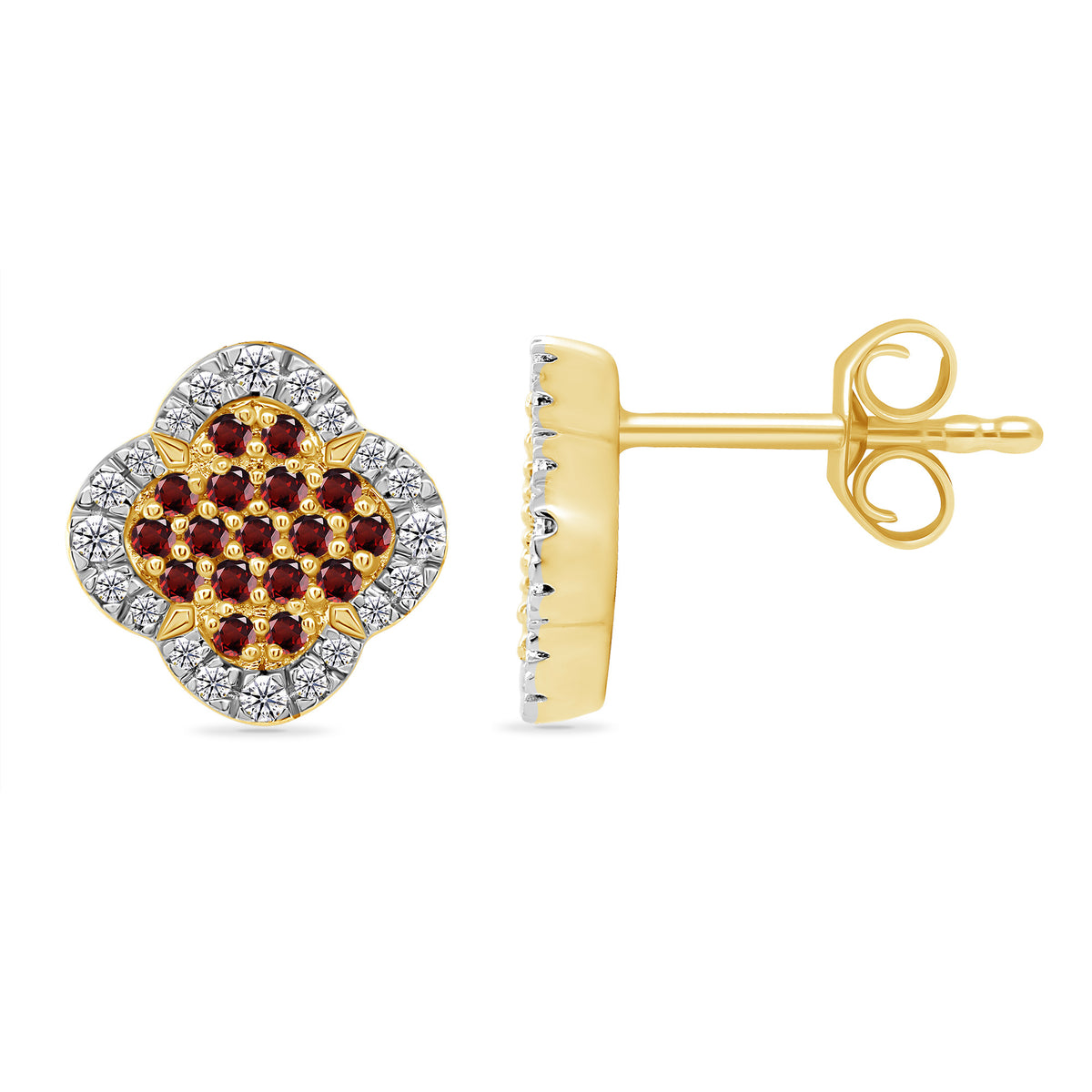 9ct gold clover shape garnet &amp; diamond set cluster stud earrings 0.15ct