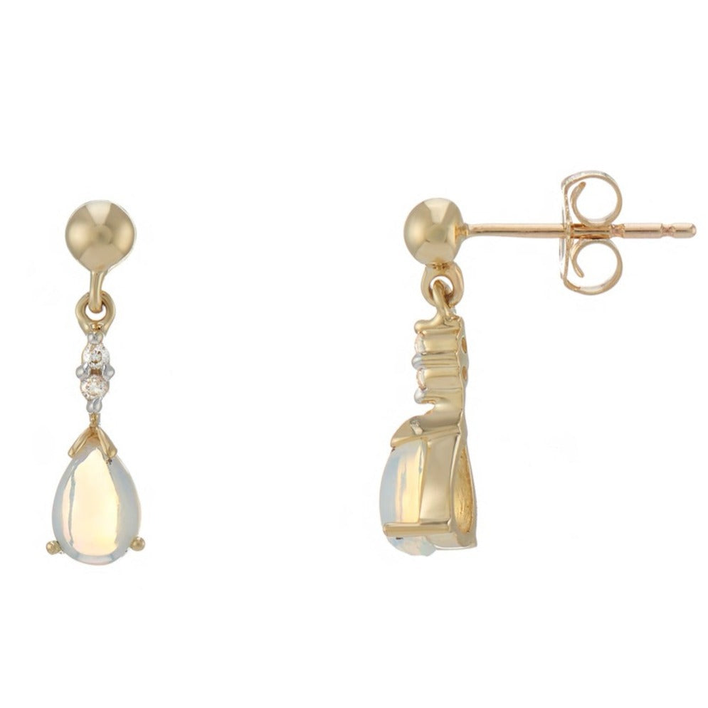 9ct gold 6x4mm pear shape opal & diamond drops earrings 0.04ct