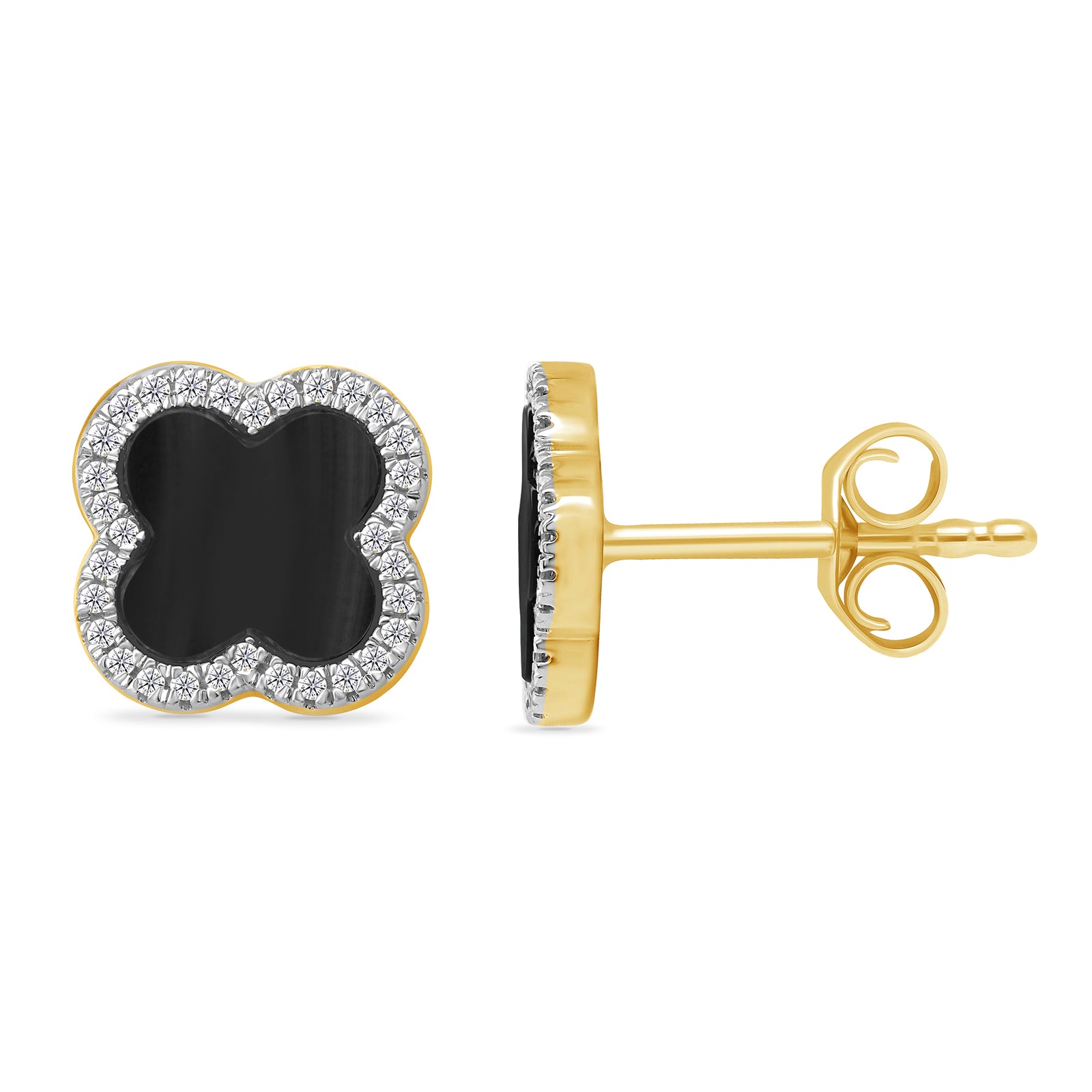 9ct gold clover shape created onyx & diamond cluster stud earrings 0.16ct