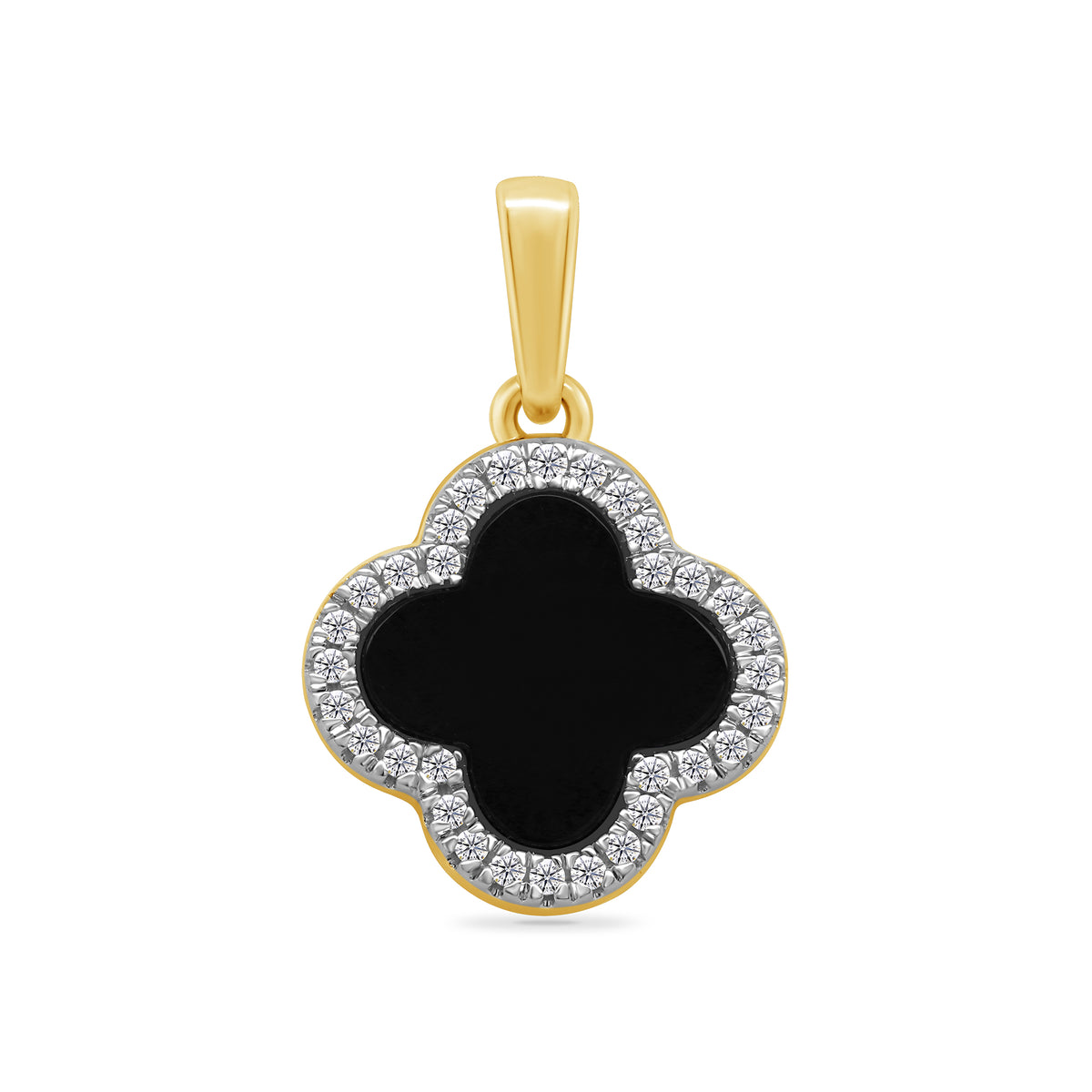 9ct gold clover shape created onyx &amp; diamond cluster pendant 0.13ct