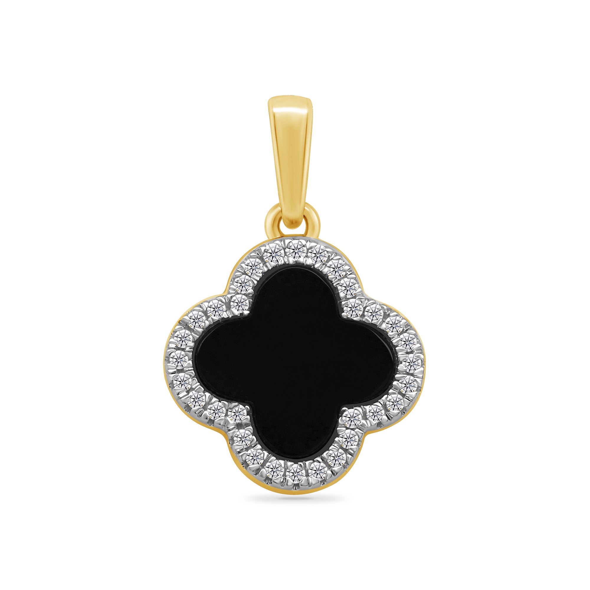 9ct gold clover shape created onyx & diamond cluster pendant 0.13ct