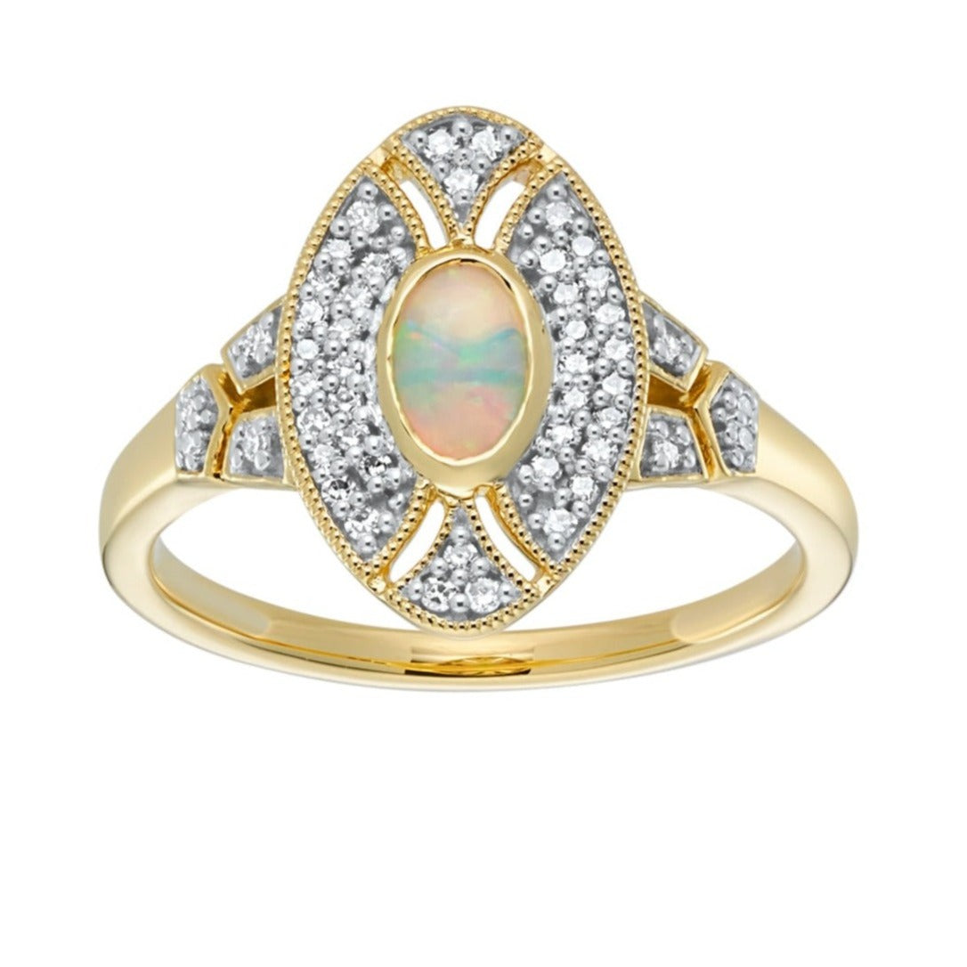 9ct gold 6x4mm oval opal &amp; antique style diamond cluster ring 0.18ct